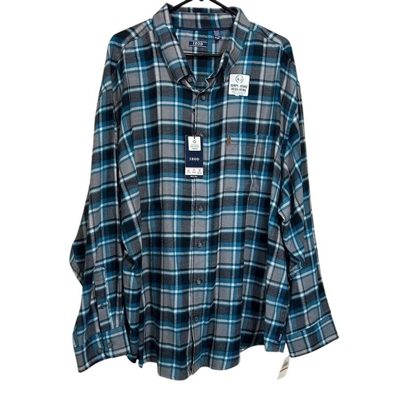 New IZOD Men's Gray Blue Plaid Cotton Long Sleeve Button-Up Shirt, 3XLT‎ NWT - Picture 1 of 12